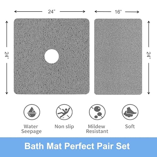 Square Shower Mat Set 2 Piece, Super Non Slip Shower Mats for Inside Shower, Soft PVC Loofah Bath Mat Without Suction Cups for Tub, Quick-Dry, Easy Clean Bathroom Accessories, (24"x16"+24"x24",Grey) view 2