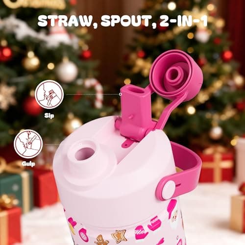 12 oz Christmas Kids Insulated Water Bottle: 2-in-1 Straw Spout Lid, Leakproof, BPA-Free, Stainless Steel Cup with Carrier Bag for School, Trip, Holiday Gift for Girls Daughters (Santa's Sweet Squad) view 4