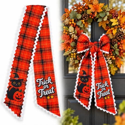 Wreath Sash for Front Door, 5" x 55" Halloween Bow Sash Plaid Ribbon view 5