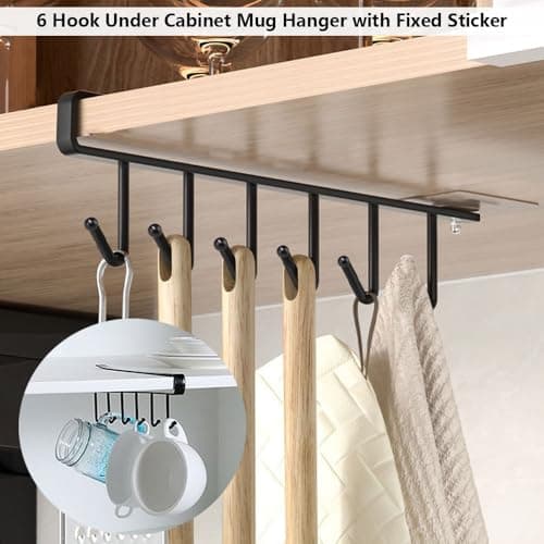 2 Pack Storage Mug Hooks Rack Under Cabinet Each with Fixed Sticker, 6 Hooks Cup Holder Hanger, Ties Belts Scarf Hanging Hook Rack, Mug Hook Hanger Under Shelf Without Drilling Kitchen Utensil Hanger view 3