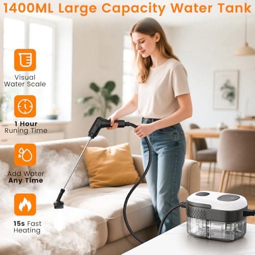 Pressurized Steam Cleaner, 3-Level Adjustable Handheld Steamer Cleaning for Home, 15s Fast Heat-Up & 47.3oz Tank, 2500W Multi-Surface Portable Steamer for Floor/Grout/Car/Kitchen & Bathroom view 2