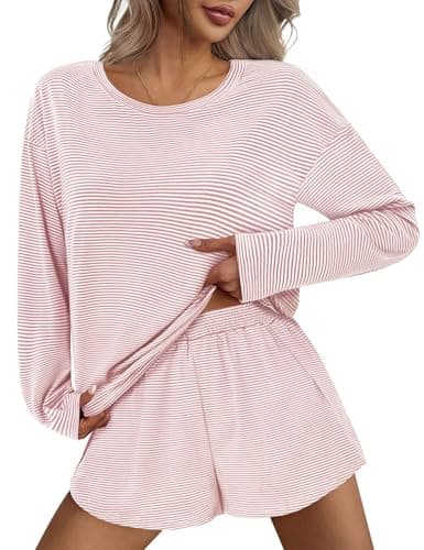 JUSTFASHIONNOW Womens Pajama Sets Striped Two Piece Lounge Sets Long Sleeve Top and Split Shorts Print Sleepwear Comfy Pjs view 2