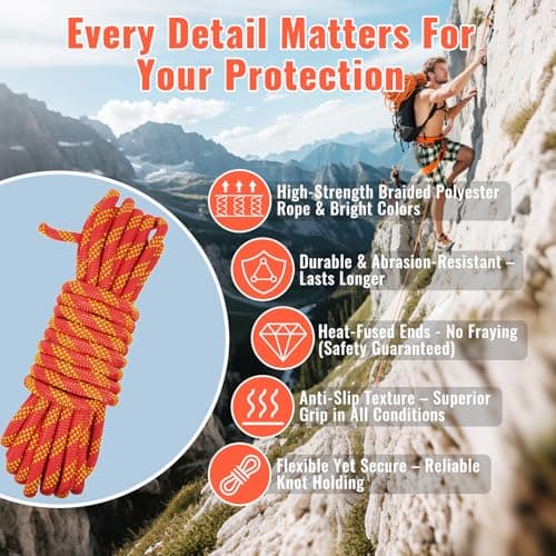 Keepark 10.5mm 1/2 Inch Static Climbing Rope - 32FT to 150FT - 9000lbs Arborist Tree Rope, Heavy Duty Rappelling Rope for Adults & Kids Rock Climbing, Fire Rescue, Escape, Caving, Sailing & Swing view 6