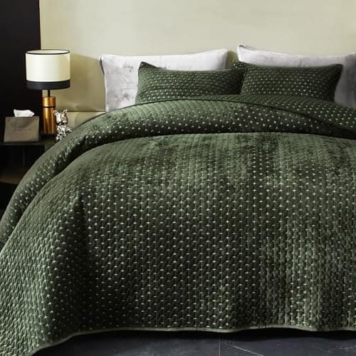 Powdion Velvet Quilt Queen Size, Oversized Bedspread Quilted Bedding Set, Luxurious Soft Coverlet Set Lightweight Velvet Comforter for All Season with Pillow Shams 90x96 Army Green Striped Queen view 1