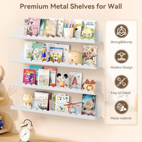 Gattlukd Floating Shelves for Wall, 23 Inch Metal Nursery Book Shelves 4 Pack, Wall Mounted Book Shelf for Kids Room, Bedroom, Bathroom, Playroom Decor （White） view 3