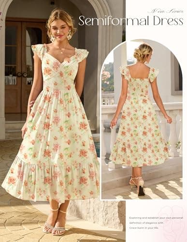GRACE KARIN Women's Summer Floral Maxi Dress 2026 Ruffle Sleeve Smocked Sundress Flowy Wedding Guest Long Dresses with Pocket view 5