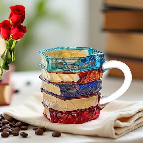 TOPORNEE Handmade Painted Book Coffee Mug, 7 oz Glass Cup, Stacked Books Design with Colored Handle, Gift for Readers and Book Lovers (Colorful, Small) view 5