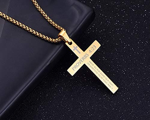 Rehoboth Stainless Steel Cross Pendant Necklaces Bible Verse Proverbs 4:23 Pendant for Men or Women Chain 24 Inch Black Gold Silver view 3