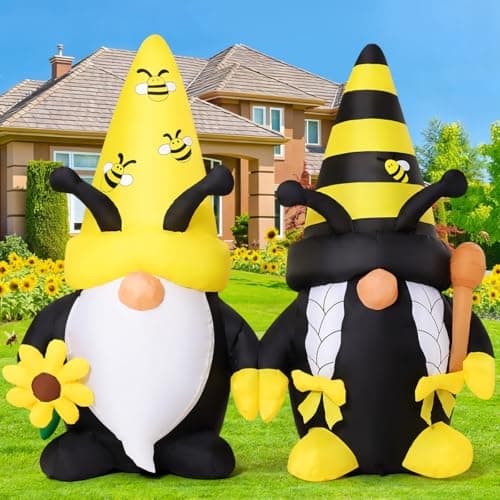 GOOSH 6 FT Long Spring Inflatables Gnomes Decorations Blow Up Yard with Bees and Sunflower Built-in LEDs for Garden Lawn Indoor Party Decor view 1