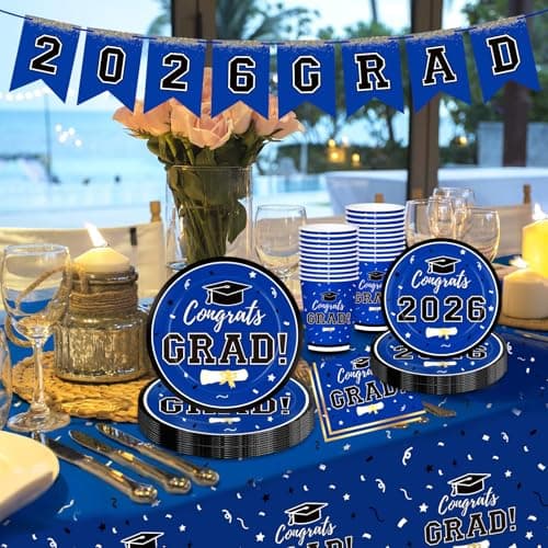 Graduation Decorations 2026 Disposable Blue Graduation Tableware Kit for 25 Guests Plates Napkins Cups Tablecloth Hanging Graduation Party Decorations 2026 view 3