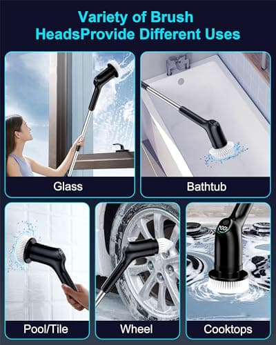 Shower Scrubber with Long Handle for Cleaning Bathroom, Electric Spin Scrubber Cleaning Brush with IPX7 Waterproof & 2Speed, 3Brush Heads, Bathroom Cleaning Supplies for Shower Tub Tile Toilet, Black view 5