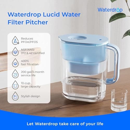 Waterdrop PT-07B Water Filter Pitcher, 10-Cup, NSF Certified, 200-Gallon Long-Life Filter, Improves Coffee & Tea Taste, Reduces PFOA/PFOS and Chlorine, 5X Longer Filter Life, Blue view 2