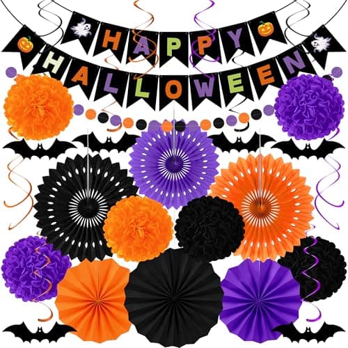 26PCS Halloween Party Decorations, Purple Black Orange Paper Fans Set, Halloween Pompom Banner Garland Fans Hanging Swirls for Trick or Treat Party Decor Accessories Indoor Outdoor Home Decorations — image 1