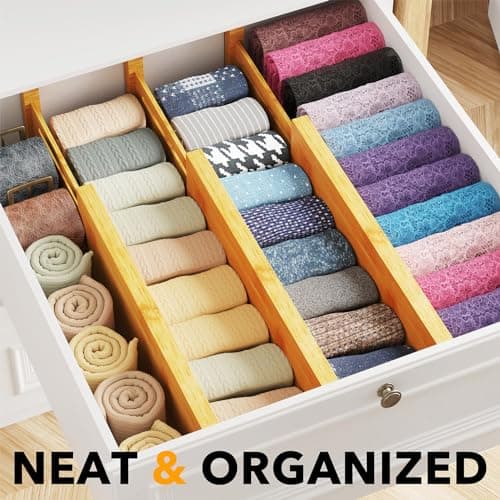 SpaceAid Bamboo Dresser Drawer Dividers 6 Pack, 4.65“ High Adjustable 12.5“-17” Drawer Organizers, Expandable Organization for Clothing, Clothes, Dressers, Natural view 3