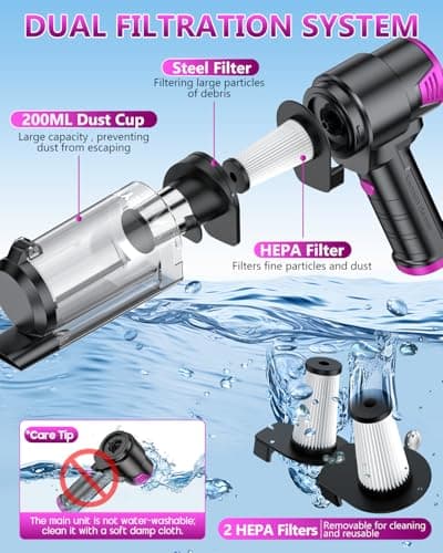 EYYA Handheld Vacuum Cordless, 16KPA High Power Portable Car Vacuum Cleaner & Air Duster, Hand Held Vacuum Cordless Rechargeable with Multi-Nozzles & 2 HEPA Filters for Car Home Office view 5