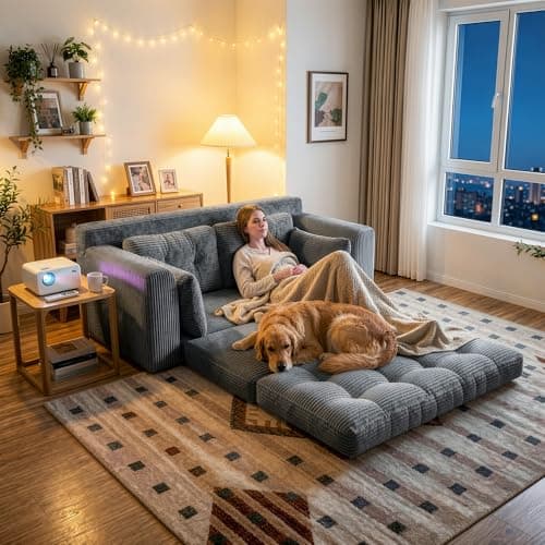 Homkdom Convertible Folding Sofa Bed, 2 in 1 Pull Out Loveseat Sleeper Sofa, Corduroy Futon Couch with Pillows, Tri-Fold Couch for Small Space Living Room Lounge, Space-Saving, Portable, Grey view 2