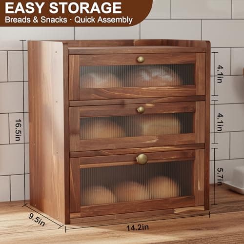 Bread Box for Kitchen Countertop, Bin 3 Layer Bread Storage Container, Wooden Breadbox Holder, Large Capacity Food Organizer, Vintage Multi-functional Container, Pantry Shelf with Acrylic Window view 2