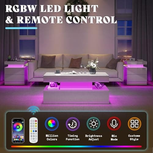 AMERLIFE High Gloss End Table Set of 2 with Charging Station, Modern Bedside Table Night Stand with Lights, LED Nightstand with Drawers for Bedroom Living Room, White view 5