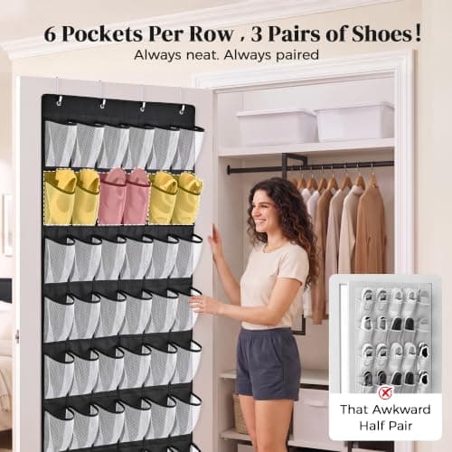 48 Pockets Over the Door Shoe Organizer, 1 Pack, 6-Column Heavy Duty Shoe Storage for Sneakers and Heels, Color Block Mesh Hanging Rack for Entryway or Bedroom, Black with White Accents view 5