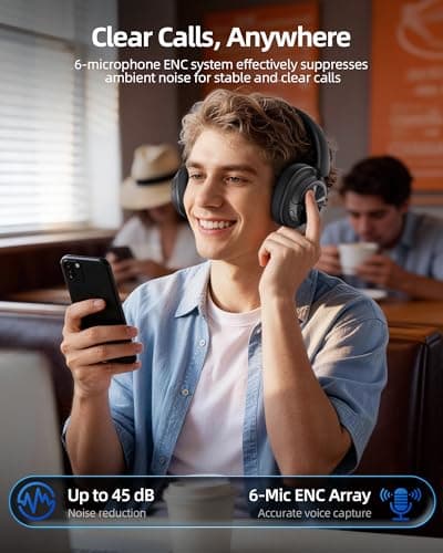 Hybrid Active Noise Cancelling Headphones 120H Playtime Wireless Headphones Bluetooth 6.0 Over Ear Headphones with 6 ENC HD Call Mic, Hi-Res 360° Spatial Audio ANC Headphone for Travel Workout Black view 6
