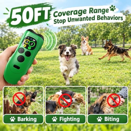 Dog Bark Deterrent Device, 3X Ultrasonic Anti Barking Device with LCD Display & Beep, 50FT Range Rechargeable Dog Trainer for Small Medium Large Dogs, Stop Neighbor Dog Barking (Green) view 2