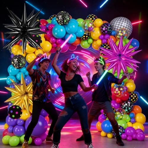 Neon Birthday Party Decorations-176Pcs Neon Balloon Arch Kit with Glow Dot Balloons & 3PCS Star Balloons for 80s 90s Disco Theme Party Decorations view 5