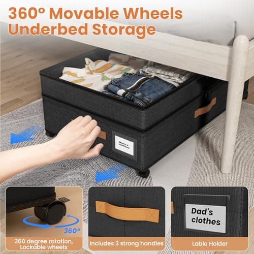 Mqaue Under Bed Storage with Wheels, 72L XXL Under the Bed Storage Containers Large, 10‘’ Tall Adjustable Storage for Underbed with Lids, Rolling for Shoes, Clothes, Blankets, Black view 3