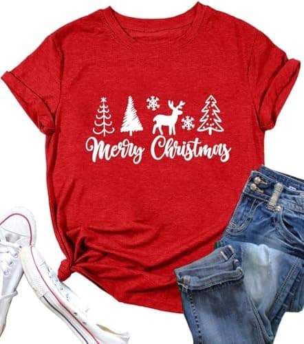 DESFSE Merry Christmas Shirts for Women Christmas Short Sleeve Tshirt Xmas Buffalo Plaid Tree Cute Graphic Print Tee Tops — image 1