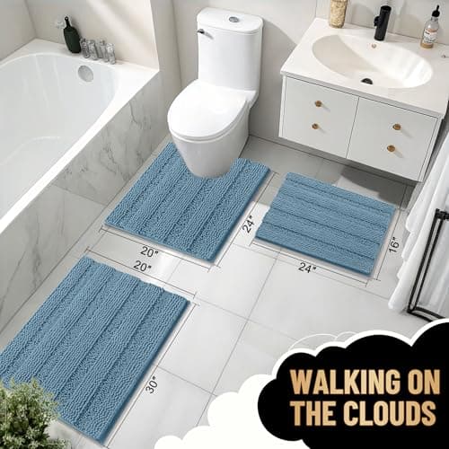 OLANLY Thick Bathroom Runner Rugs 47x17, Extra Absorbent Chenille Striped Bath Rugs, Rubber Backing, Machine Wash Dry, Long Bath Mats for Bathroom, Tub and Shower, Home Decor Accessories, Airy Blue view 6