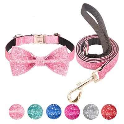 Jumpress Bling Bow Tie Dog Collar and Leash Set, Cute Pink Girl Dog Collar with 5ft Leash for Small Medium Dogs Daily Walking or Holiday Party (Neck fit 11-16’’)