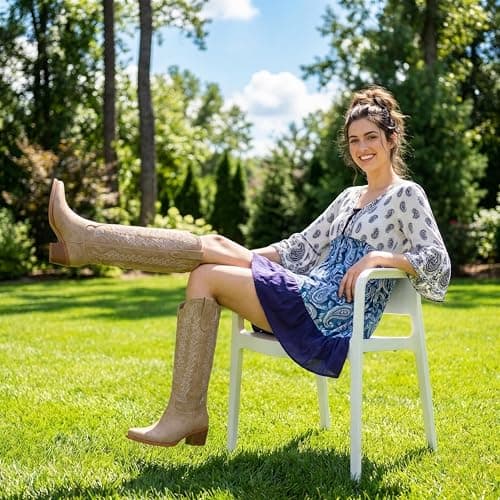 VIUGJNEX Women's Knee High Cowboy Boots - 2.2 Inch Chunky Heel Pointed Toe Cowgirl Boots, Studded Embroidered Pull-On Boot for Party & Concert view 2