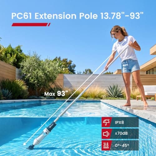 Enhulk PC61 Pool Vacuum, Cordless Handheld Pool Vacuum for Above Ground Pool & Hot Tub Vacuum, 16.6 GPM Powerful Suction & 93'' Extension Pole, 2 Filter Unit, 2 Brush Heads, 1H Runtime view 3