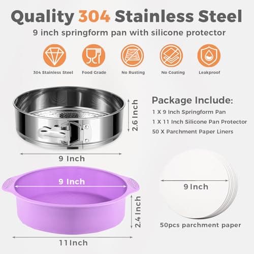 304 Stainless Steel Springform Pan 9 Inch Nonstick, Leakproof Cheesecake Pan with Removable Bottom, Spring Form Pan for Cheesecake with Protector, 9 Inch Springform Pan for Cheesecake with 50Pcs Paper view 2