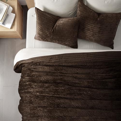 EVERGRACE Velvet Quilt Set King Size, Luxurious Soft Striped Channel Bedding Set, Lightweight Velvet Comforter for All Season, Oversized Bedspread Coverlet with 2 Matching Shams, Walnut Brown view 2