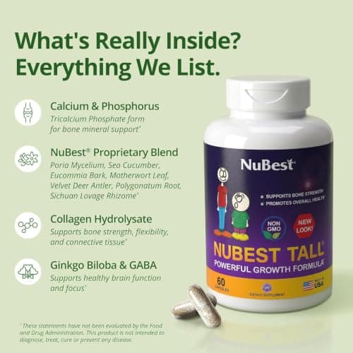 NuBest Tall Calcium & Collagen for Kids 5+ and Teens, 60 Capsules | Bone Health Support. 150 mg Calcium per Capsule. 1 Capsule Twice Daily After Meals, 30-Day Supply view 6