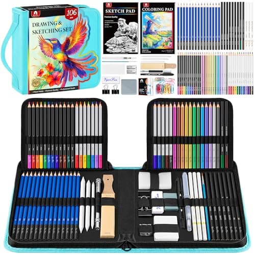 106 PCS Art Supplies Sketching Kit, Pro Drawing Pencils with 3-Color Sketchbook, Coloring Book, Colored Graphite Charcoal Watercolor & Metallic Pencils, Drawing Supplies Gifts for Artists Adults — image 1