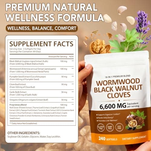 18-in-1 Wormwood Black Walnut Clove Herbal Softgels, Rapid Gut Cleanse & Digestive Health with Black Walnut Hull, Wormwood, Clove, Garlic, Oregano, Pumpkin Seed, Easy-to-Swallow, 240 Softgels view 3