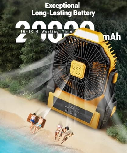 KopBeau Portable Camping Fan with Lights, 20000mAh Rechargeable Battery Operated Fan, Battery Powered Outdoor Beach Tent with 3 Speeds & Hook, Personal USB Table for Camping Accessories view 3