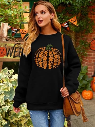 Urvatac Fall Sweatshirt for Women Pumpkin Dog Paw Pullover Thanksgiving Pumpkin Graphic Long Sleeve Shirt Tops view 2