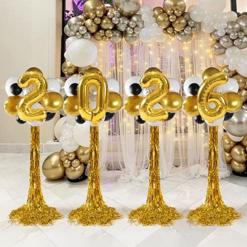 2026 Graduation Decorations - Set Of 4 Standing Balloon Topiaries, Balloon Stand Kit Party Centerpieces Decor With Golden Rain Curtains Class Of 2026 Decorations For Kindergarten High School College