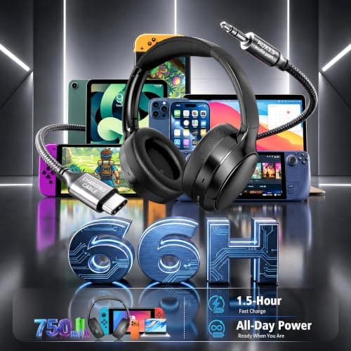 Bluetooth 6.0 Noise Cancelling Headphones - Over Ear Headphones with -35dB ANC, 100H Playtime, Transparency Mode, Low Latency Game Mode, AUX, Type-C, for Daily, Gaming view 2
