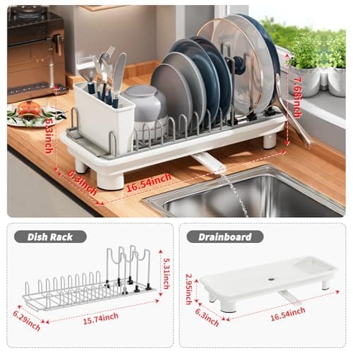 SanDream Small Dish Drying Rack with Removable Utensil Holder & Anti-Scratch Base - Stainless Steel Dish Rack, Dish Drying Rack with Drainage & Space Saving Design for Kitchen Counter, White view 2