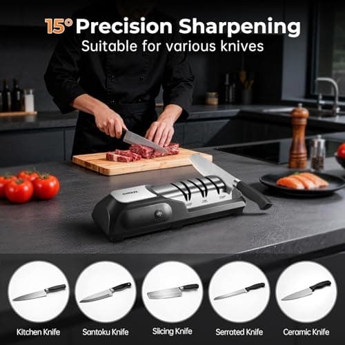 Kitchen Professional Electric Knife Sharpener: 3-Stage 100% Diamond Abrasives Knife Sharpeners with 15° Precision Angle Electric Steel Sharpening Tool to Restore/Polish Chef Knives view 6