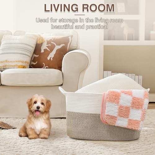 YOUDENOVA Large Blanket Basket, Rectangle Cotton Rope Storage Baske view 4