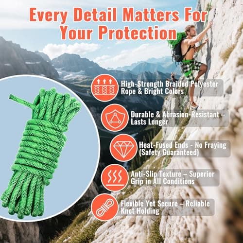 Keepark 10.5mm 1/2 Inch Static Climbing Rope - 32FT to 150FT - 9000lbs Arborist Tree Rope, Heavy Duty Rappelling Rope for Adults & Kids Rock Climbing, Fire Rescue, Escape, Caving, Sailing & Swing view 6