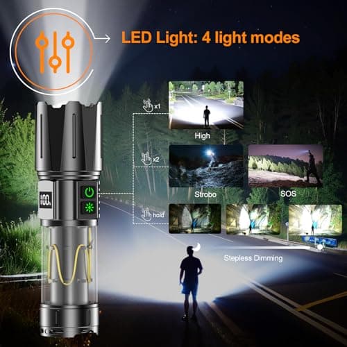 Super Bright Flashlight High Lumens 100000 Rechargeable, Powerful 50W LED, Long Lasting 30H, Daul Bottons 10Modes with Side Light, Quick USB C Charge & Output, Multi-functional for Home Camping Hiking view 5