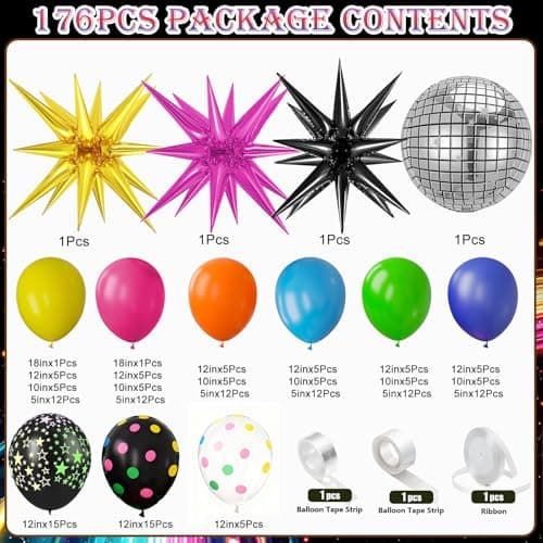 Neon Birthday Party Decorations-176Pcs Neon Balloon Arch Kit with Glow Dot Balloons & 3PCS Star Balloons for 80s 90s Disco Theme Party Decorations view 3