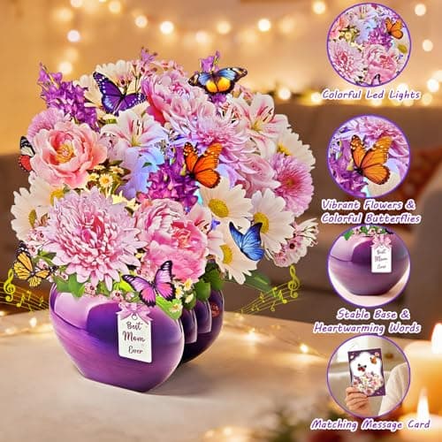 Rayilyn Mothers Day Cards with Music & Lights, 3D Pop Up Greeting Card, Forever Butterfly Bouquet, 9.5 Inch Life Sized, Birthday Gifts for Mom, Women, Wife, Grandma view 3