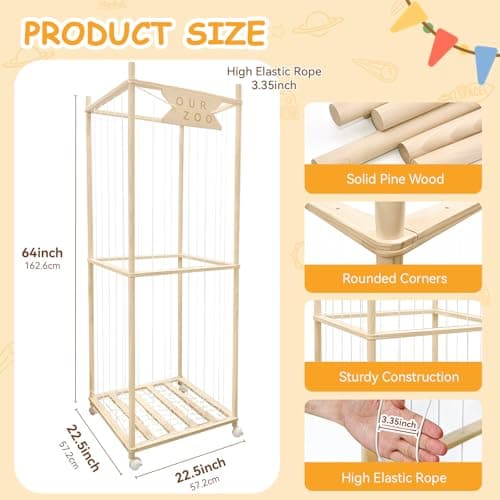 Stuffed Animal Storage Zoo with Wheels, Wooden Large Stuff Animals Plushies Holder, 22.5" D x 22.5" W x 64" H Toy Organizer Storage Cage with Elastic Band and Net for Nursery Playroom Bedroom view 3