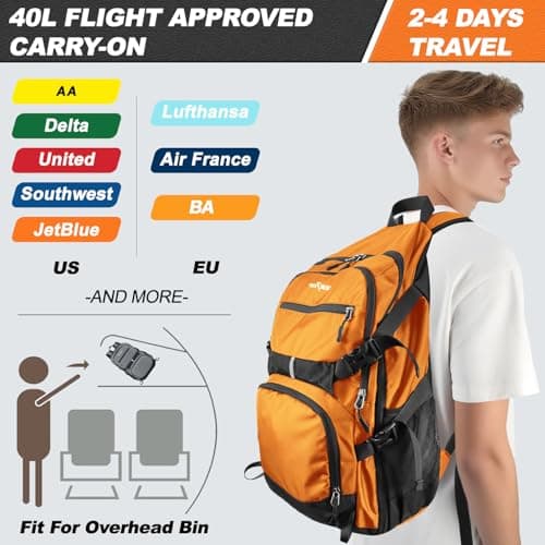 Seektop 40L Foldable Hiking Backpack for Women Men Lightweight Packable Travel Backpack Carry on Flight Approved for Outdoor Camping Sport Leisure (Orange) view 4